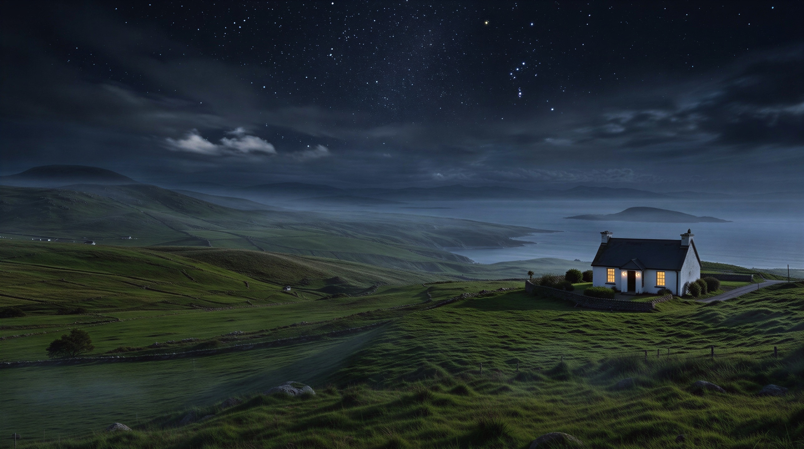 Cottage at night under a star-filled sky