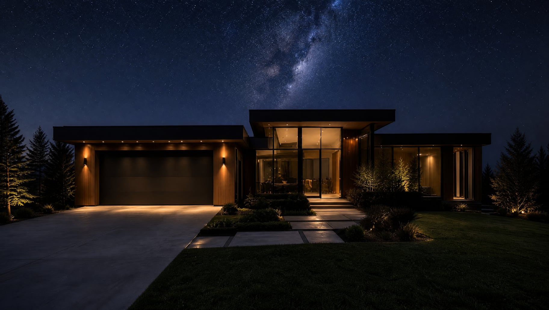 Modern home at night under a star-filled sky